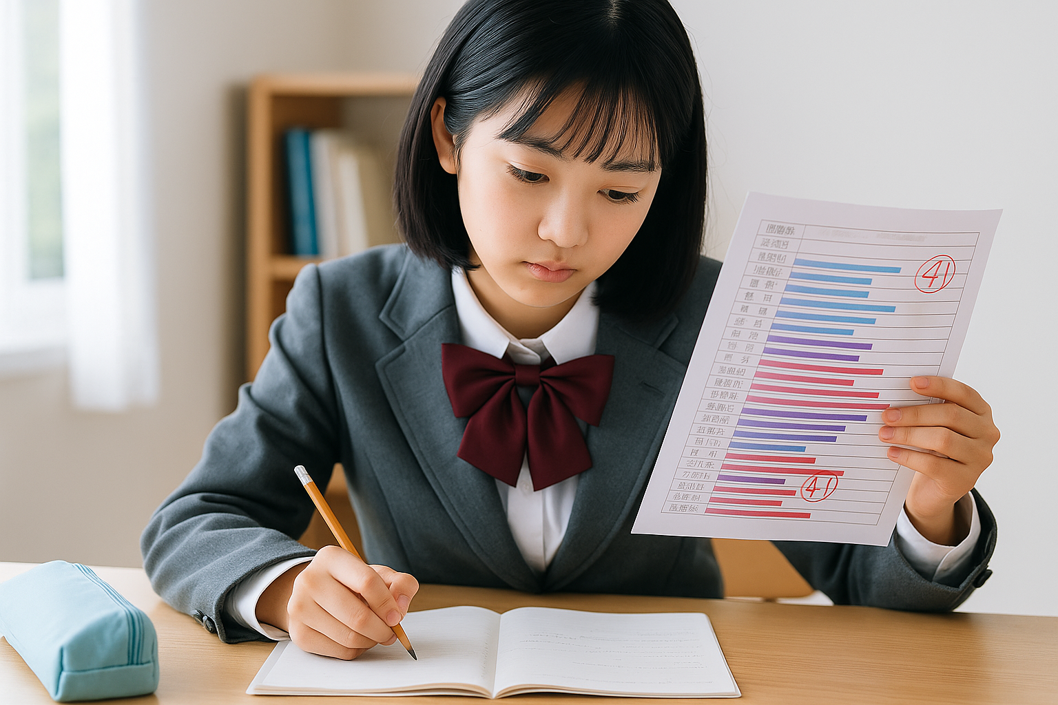 模試結果をもとに志望校との学力差を確認し、対策に取り組む中学生のイメージ