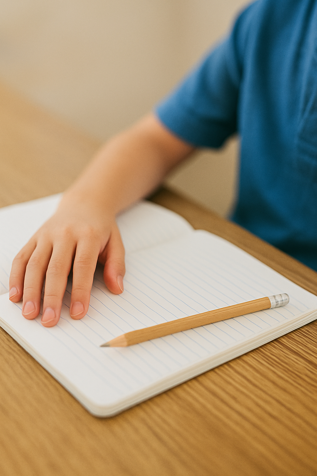 ノートに手を添える小学生の手元と鉛筆｜通塾を考え始める高学年の学びのイメージ