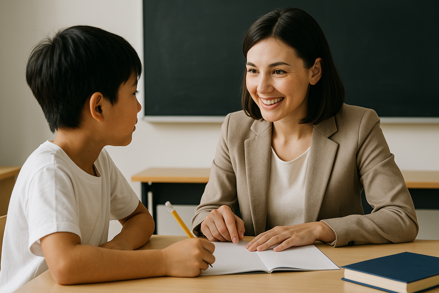 小学生と講師がノートを挟んで向き合う1対1の学習風景｜学び方を育てる対話型指導の様子